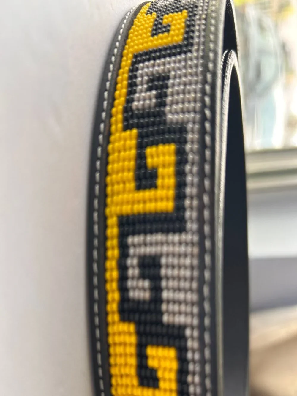 Black Beaded Belt Geometric Pattern Yellow Gray Unisex Faux Leather